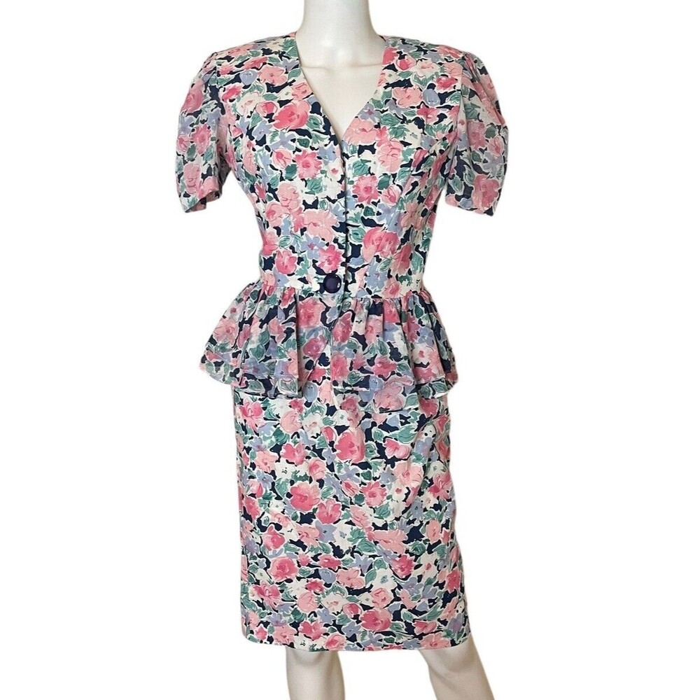 80s vintage / floral peplum two piece skirt set